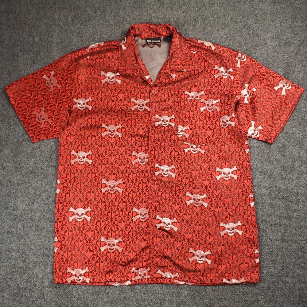 Vintage ODO Red Satin Shirt Mens Large Skulls Baroque AOP Pattern Camp Y2K 90s